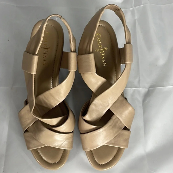 COLE HANN Crisscross Tan Open Toe Wedge Shoes Nike Air Technology Leather 9.5 - Picture 7 of 12